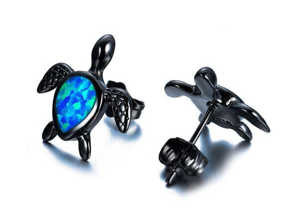 Boucles d'Oreilles Tortue de Mer en Opale Bleue
