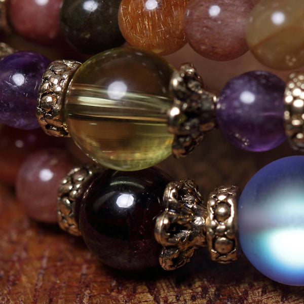Bracelet Mala avec 108 perles bouddhistes multi-énergie en quartz naturel